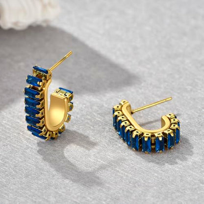 Green Crystal huggie gold hoop earrings for women Girls,14K Gold Plated with 925 Sterling Silver Post color Cubic Zirconia dainty cute Earrings| CZ Stud Earring - color: Blue stone