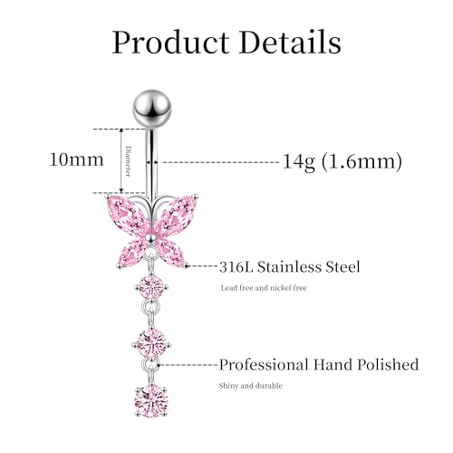 LEE&RO Belly Button Ring Dangle Stainless Steel Belly Rings 14G Belly Button Piercing Cute Navel Ring Belly Piercing Jewelry - style: Clear-Pink