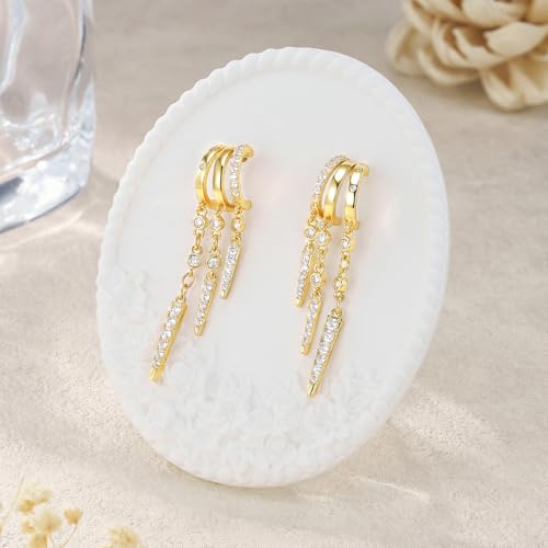 Cicy Bell Gold Earrings For Women 18k Gold Plated Triple Dangle Earrings | Hypoallergenic Drop Huggie Earrings Small Hoop Statement Chain Tassel Earrings Trendy Jewelry Gifts - color: Style E-Gold