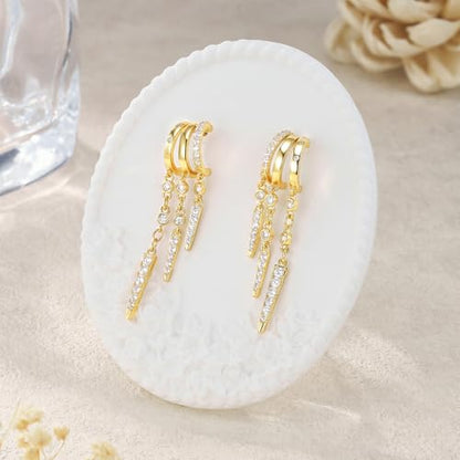 Cicy Bell Gold Earrings For Women 18k Gold Plated Triple Dangle Earrings | Hypoallergenic Drop Huggie Earrings Small Hoop Statement Chain Tassel Earrings Trendy Jewelry Gifts - color: Style E-Gold