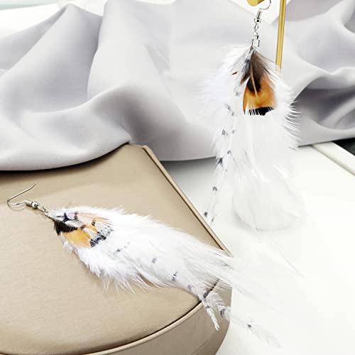 Long Bohemian Pheasant Feathers Statement Earrings Handmade Natural Lightweight Feather Dangle Earrings for Women (ea000067) - color: White