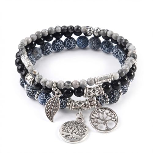 YGLINE Tree of Life Yoga Healing Stone Bracelets,Multilayer Lotus Chakra Stone Reiki Bracelet Sets,Anxiety Crystal Natural Stone,for Women Stress Relief - color: black wind fossilpicture jasper