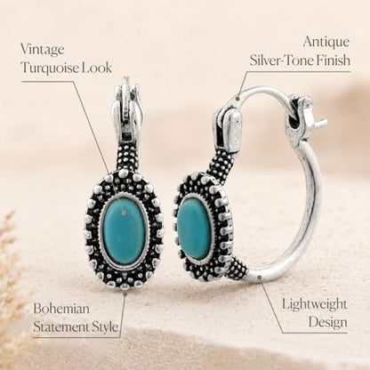 Turquoise Hoop Earrings for Women Vintage Silver Oval Turquoise Earrings Retro Boho Western Jewelry for Everyday Wear Birthday Gift