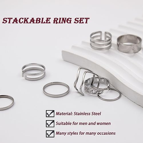 17PCS Silver Knuckle Rings for Women Stainless Steel Rings Set Midi Stackable Rings Simple Smooth Finger Rings Silver Adjustable Rings Jewelry Gift - color: 15 pcs