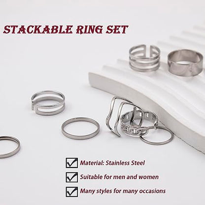 17PCS Silver Knuckle Rings for Women Stainless Steel Rings Set Midi Stackable Rings Simple Smooth Finger Rings Silver Adjustable Rings Jewelry Gift - color: 15 pcs
