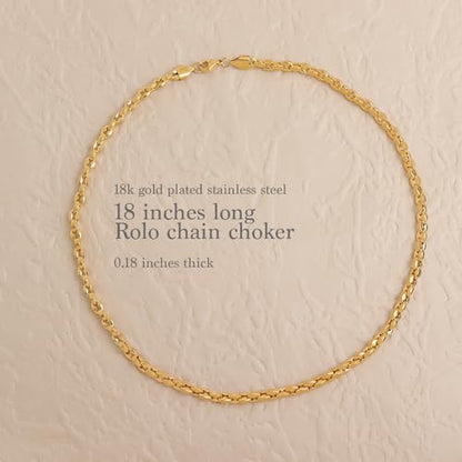 Jean Beau Gold Choker Necklace for Women, Simple 18K Gold Plated Adjustable Link Chain Prom Jewelry Gifts - color: Rolo