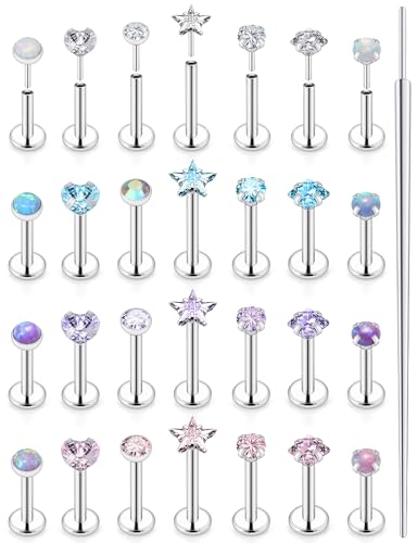 20G 18G 16G Threadless Lip Labret Medusa Monroe Nose Piercing Jewelry Surgical Steel Snake Bites Lip Rings Flat Back Push in Cartilage Tragus Helix Conch Earring Stud 6mm 7mm 8mm 10mm Bars - color: Silver-16G（1.2mm)-6/7/8/10mm Bars-3mm CZ