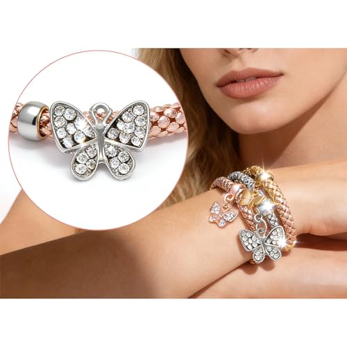 Alegend 14K Gold Plated Stackable Multilayer Bracelets + Titanium Steel(Not Rust, Resist Corruption, Easily Clean) 18K Gold Plated Single Bracelets - color: 14K Gold Crystal Butterfly Diamond-Inlaid