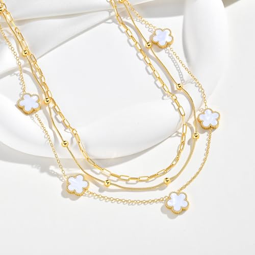 MPRAINBOW Gold Layered Necklace for Women - 3Pcs 18K Gold Plated Floral Necklaces, Stainless Steel Stackable Cuban Link Chain Non Tarnish Trendy Jewelry, Herringbone Chains Christmas Birthday Gifts - color: White 01