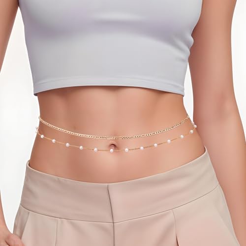 Plated Waist Chain Jewelry for Women, 4pcs Layered Belly Chain with Satellite Beads, Non Tarnish Body Chains, Adjustable Waterproof Sexy Bikini Beach Accessories Pearl Belts, 2 Silver & 2 Gold