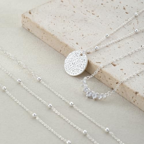 Layered Gold Silver Necklaces for Women, Stackable Stack 14K Real Gold Plated Silver Chain Necklace Diamond Circle CZ Layering Pendant Necklaces Trendy Gold Jewelry Set Gifts - color: silver, style: 3PC-CZ