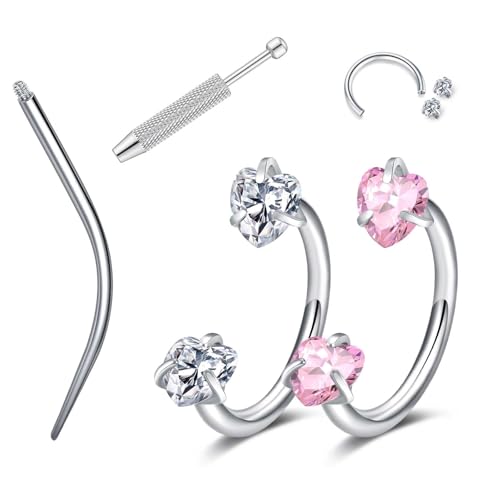 18G 20G Horseshoe Nose Rings Studs,Surgical Steel Nose Ring Pink Cubic Zirconia Nose Piercing,Internally Threaded Nose Rings For Women,Pink and Silver Zirconia - color: 18G-Silver-Heart