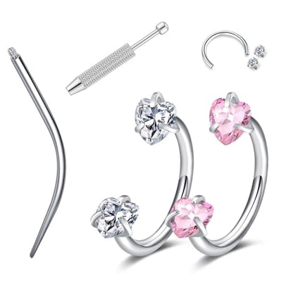 18G 20G Horseshoe Nose Rings Studs,Surgical Steel Nose Ring Pink Cubic Zirconia Nose Piercing,Internally Threaded Nose Rings For Women,Pink and Silver Zirconia - color: 18G-Silver-Heart