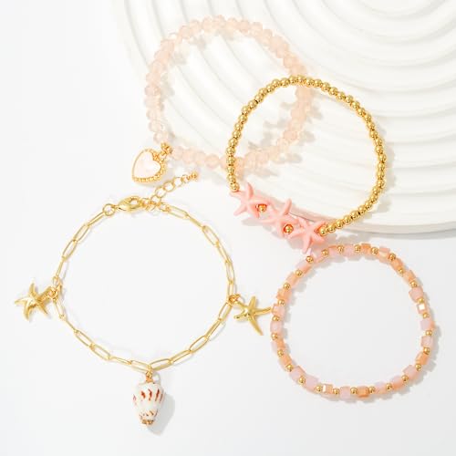 LALAPPLE Shell Bracelet Boho Beaded Stretch Bracelets for Women Seashell Strand Bracelets Starfish Charm Jewelry Summer Beach Jewelry Stackable Crystal Gold Plated Beads Bracelet for Women - style: T-Style4