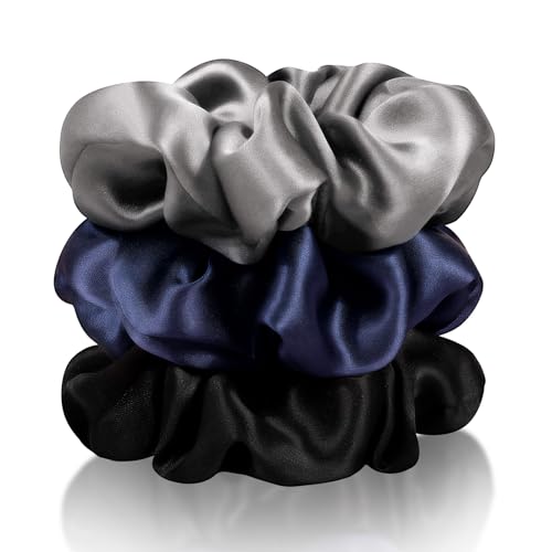Zenssia Silk Scrunchies for Hair, Mulberry Silk Hair Ties for Women and Girls, No Damage Elastic Ponytail Holders（Black, Navy, Silvergrey） - color: Black Navy Silvergrey