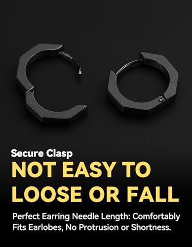 ChainsHouse Stud Earrings for Men Women,316L Stainless Steel/14K Gold/Black Plated Metal, Punk Hypoallergenic Surgical Huggie Hoop Earrings Mens Jewelry Piercing Hoop Earrings - style: E: Black-Octagon(1 Pair)