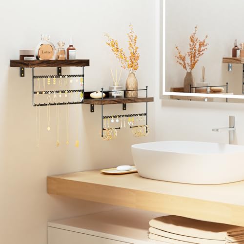Lolalet Wall Mount Hanging Jewelry Organizer -Set of 2, Brown | Versatile Hanging Holder with Hooks for Earrings, Bracelets and Necklaces, Easy to Install on Bathroom Wall - color: Brown