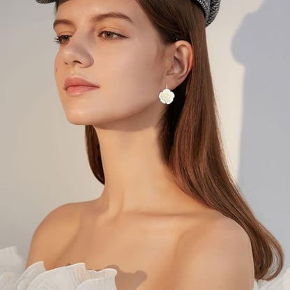 Handmade Bohemian Aesthetic Dainty Acrylic Flower Petal Leverback Earrings Sparkly 14K Gold Floral Dangle Drop Earrings for Women - color: Pearl White