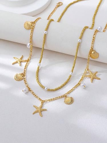 TEBIEKOY Waist Chains for Women, 2 pcs Gold Starfish & Pearl Belly Chain Body Jewelry with Dangle Charms for Beach, Bikini & Summer