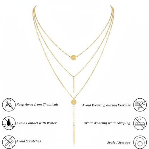 Lariat Gold Necklaces for Women, 14K-Gold-Plated Long Chain Bar Stacking Layer Y-Necklaces, Hypoallergenic Non-Tarnish Jewelry for Gift