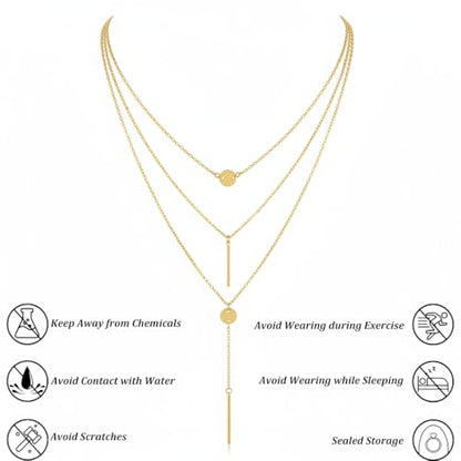 Lariat Gold Necklaces for Women, 14K-Gold-Plated Long Chain Bar Stacking Layer Y-Necklaces, Hypoallergenic Non-Tarnish Jewelry for Gift