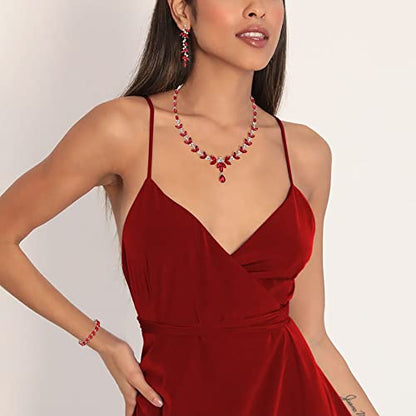 EVER FAITH Marquise Crystal Leaf Bridal Prom Jewelry Set for Women Bride | Rhinestone Wedding Party Necklace Dangle Earrings Tennis Bracelet, for Bridesmaid - color: Red