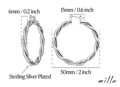 Milla Twisted Hoop Earrings for Women – Hypoallergenic Silver or Gold Statement Hoops – Lightweight & Easy to Wear - color: Silver Plated / 2.0 in / Medium