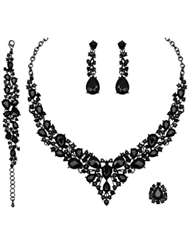 CSY Elegant Crystal Costume Jewelry Sets for Formal Events Gown Accessories | 4-Piece Set Bridal Necklace Earrings Bracelet Ring Set for Brides Eco-friendly Statement Jewelry for Wedding Party Prom - color: Black
