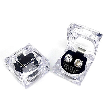 Stainless Steel Round Cut Cubic Zirconia Stud Earrings With Clear Case - Gold, Silver (3mm~12mm) - color: 11mm-Silver