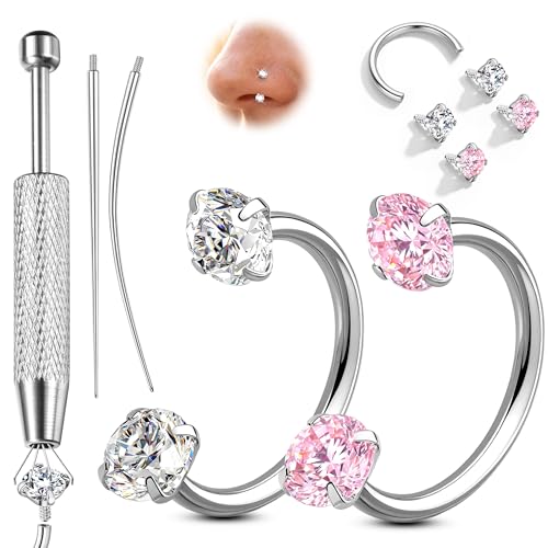 ORAZIO 18G Horseshoe Nose Rings for Women Men Double Gem Horse Shoe Nose Ring Hoops Surgical Steel Silver Gold Cartilage Helix Tragus Daith Earrings Labret Lip Piercing Jewelry Cute Small Septum Rings - color: Silver-Pink CZ