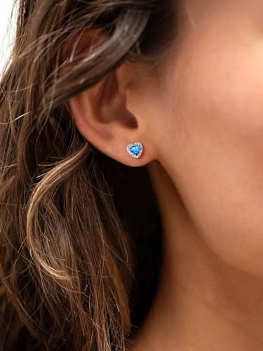 Suplight 925 Sterling Silver Birthstone Stud Earrings for Women, Round/Heart/Teardrop/Square Crystal Diamond Earrings for Women, Dainty Birthday Gifts Jewelry - color: style b-12. heart-December(Created Blue Topaz)