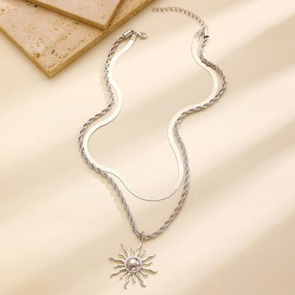 Sun Necklace for Women 14K Gold Silver Plated Layered Charm Necklace Double Chain Charm Pendant Necklaces Trendy Daily Wear Statement Jewelry Gift - color: Silver