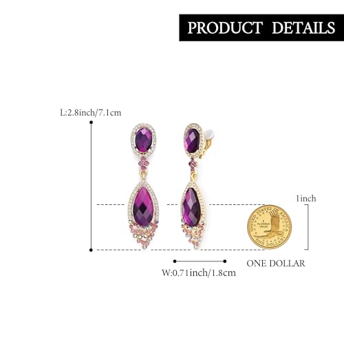 BriLove Women's Wedding Bridal Infinity Figure 8 Crystal Teardrop Chandelier Dangle Clip-On Earrings - color: Amethyst Color Gold-Tone