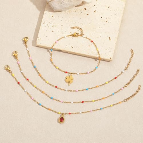 6 PCS Enamel Beaded Chains Bracelet Stainless Steel Link Bracelets | 6.7"+1.18", With Extender Chain, Fashion Jewelry Set, Gift For Women, Colorful, No Fade - color: Colorful Gold