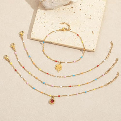 6 PCS Enamel Beaded Chains Bracelet Stainless Steel Link Bracelets | 6.7"+1.18", With Extender Chain, Fashion Jewelry Set, Gift For Women, Colorful, No Fade - color: Colorful Gold