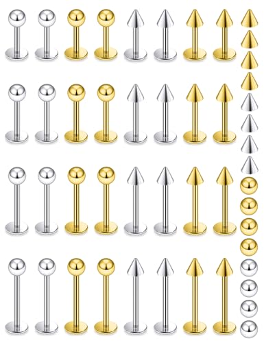 Lcolyoli 32PCS Labret Piercing Jewelry Stainless Steel Snake Bite Jewelry Lip Rings 16G Medusa Monroe Lip Piercing Jewelry for Women Men Bar Length 6mm 8mm 10mm 12mm - color: silvertone+goldtone