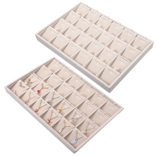 2 Pcs 24 Grids Stackable Jewelry Tray Organizer with Removable Dividers, Velvet Jewelry Display Tray for Earrings Necklaces Bracelet Rings Display Showcase - Beige