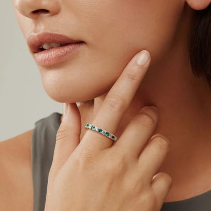 Bezel Set Birthstone Wedding Band 14K Gold Sterling Silver Stackable Half Eternity Band Rings 2.5mm Wide Ruby/Amethyst/Sapphire/Emerald Green/Aquamarine Ring for Women, Send Gift Box - style: 05-Created Emerald & CZ