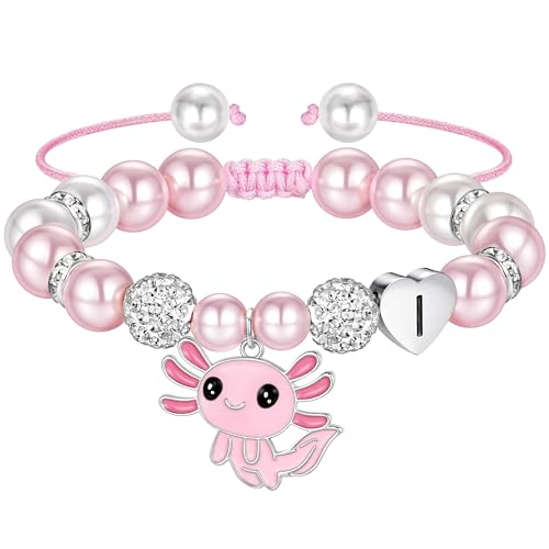 Ritach Graduation Gift fo Her - Cute Axolotl Heart Initial Bracelet CZ Rhinestone Beads and Pink White Pearl Bracelets for Girls Teen Kids Axolotl Graduation Gift for Her Girls Kids Axolotl Lovers - style: I