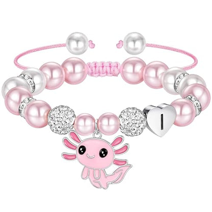 Ritach Graduation Gift fo Her - Cute Axolotl Heart Initial Bracelet CZ Rhinestone Beads and Pink White Pearl Bracelets for Girls Teen Kids Axolotl Graduation Gift for Her Girls Kids Axolotl Lovers - style: I