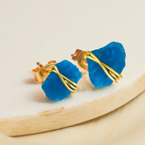 Gempires Wire Wrapped Raw Gemstone Stud Earrings for Women, Birthstone | Handmade wire-wrapped raw gemstone stud earrings — choose from stones and birthstones, artisan raw crystals on gold. - style: Neon Apatite