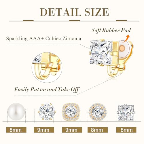 Cubic Zirconia Clip on Earrings - Women Hypoallergenic Comfortable Non Pierced Stud Earrings for Wedding and Dance Competitions, Clip-on Earrings Silver Gold - color: Gold