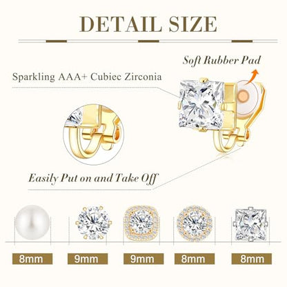 Cubic Zirconia Clip on Earrings - Women Hypoallergenic Comfortable Non Pierced Stud Earrings for Wedding and Dance Competitions, Clip-on Earrings Silver Gold - color: Gold