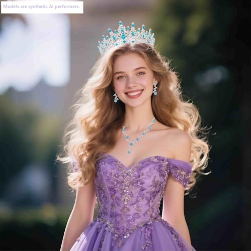 Kamirola Tiaras and Crowns for Women,Tiaras Earrings Necklace, Crystal Bridal Jewelry Set (TR48) - color: Silver Lack Blue
