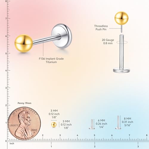 limerencia Titanium Threadless Flat Back Earrings Stud Piercing Jewelry | 20G Press Fit Titanium Push Pop in Cartilage Tragus Labret Lip Medusa Conch Piercing Jewelry Hypoallergenic for Women Men - style: 3MM Ball Gold