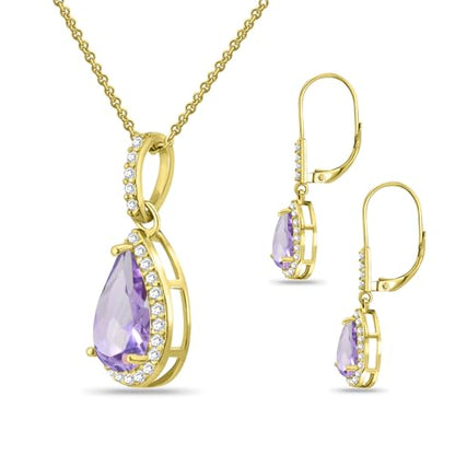 Jewelry Sets for Women, Necklace and Earring Sets for Women, Birthstone Jewelry, Genuine or Synthetic Gemstones, Teardrop Necklace and Dangle Earrings, Pendant Necklace, Sterling Silver Jewelry - color: Amethyst - Yellow Gold