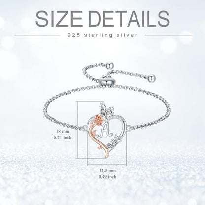 TOUPOP Gifts for Women Rose Heart Initial Bracelet 925 Sterling Silver Butterfly Letter Link Bracelet Love Jewelry Anniversary Birthday Gifts for Wife Girlfriend Mom Her - style: Initial A