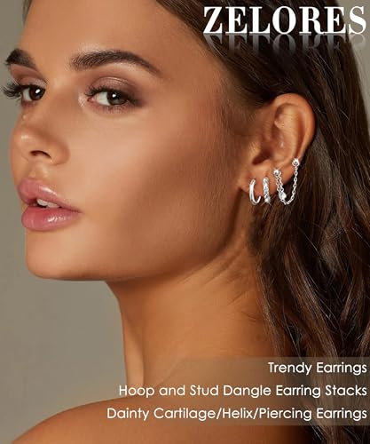 3 Pairs Dangle Hoop Chain Earrings Stacks for Women Trendy Huggie Earring | Non-Tarnish 5A CZ Stones Hoops Earrings Set for Multiple Piercing - style: Silver Plated-Twist