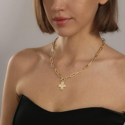 Chunky Cross Necklace for Women Trendy 14K Gold Silver Plated Statement Big Cross Pendant Paperclip Chain Charm Necklaces Religious Faith Easter Basket Stuffers Baptism Costume Jewelry Gift - color: Gold-Toggle-0.8 inch pendant