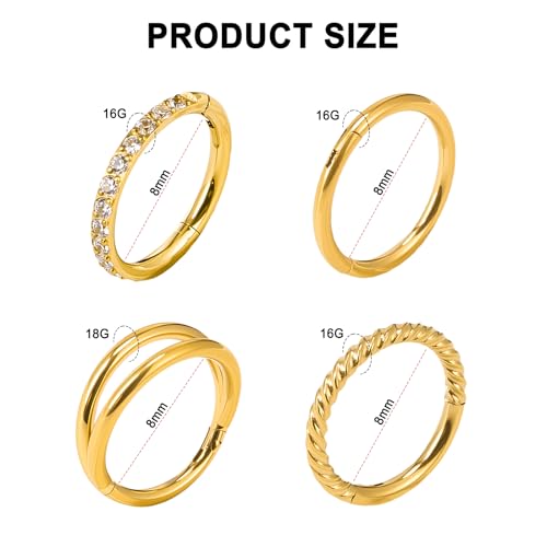 4PCS Nose Ring Hoop 316 Surgical Steel Double Hoop Septum Rings 18g 16g Piercing Jewelry with Zircon Spiral for Women Men Nose Septum Lip 8mm